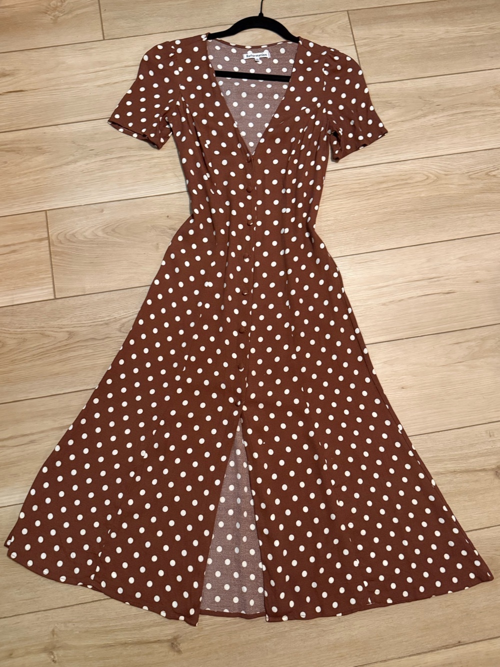Reformation Locklin Brown Polka Dot Dress